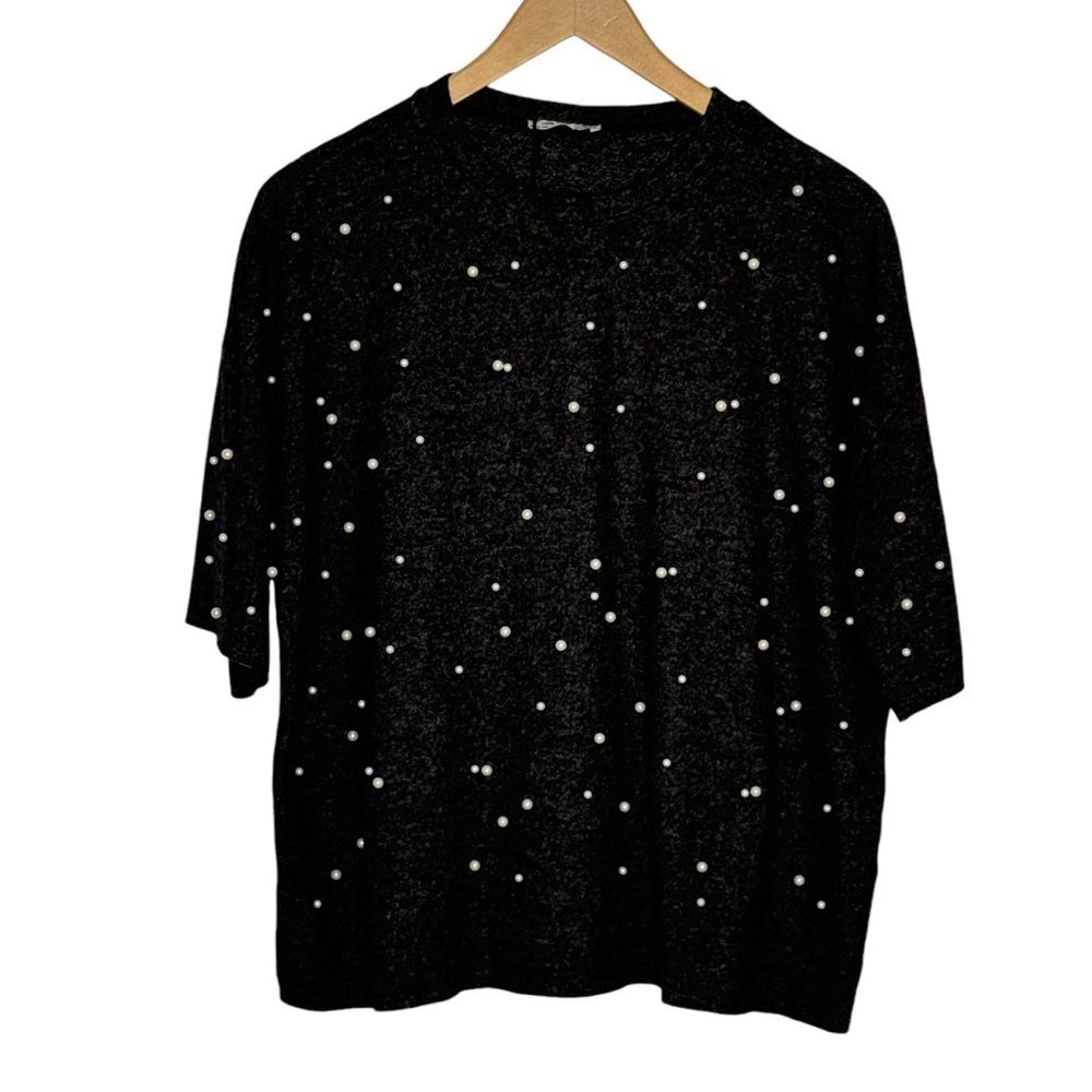 Zara Women's Grey Sweater Sweatshirt Faux Pearl Embellished Boxy Size Medium
